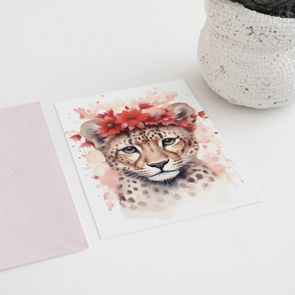 Watercolor Leopard With Flowers Portrait Wall Art Illustration Print Unframed - Picture 6 of 6